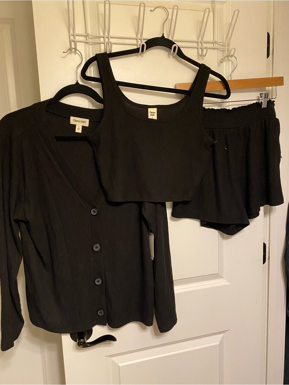 Open Edit Black Ribbed Three-Piece Loungewear Set